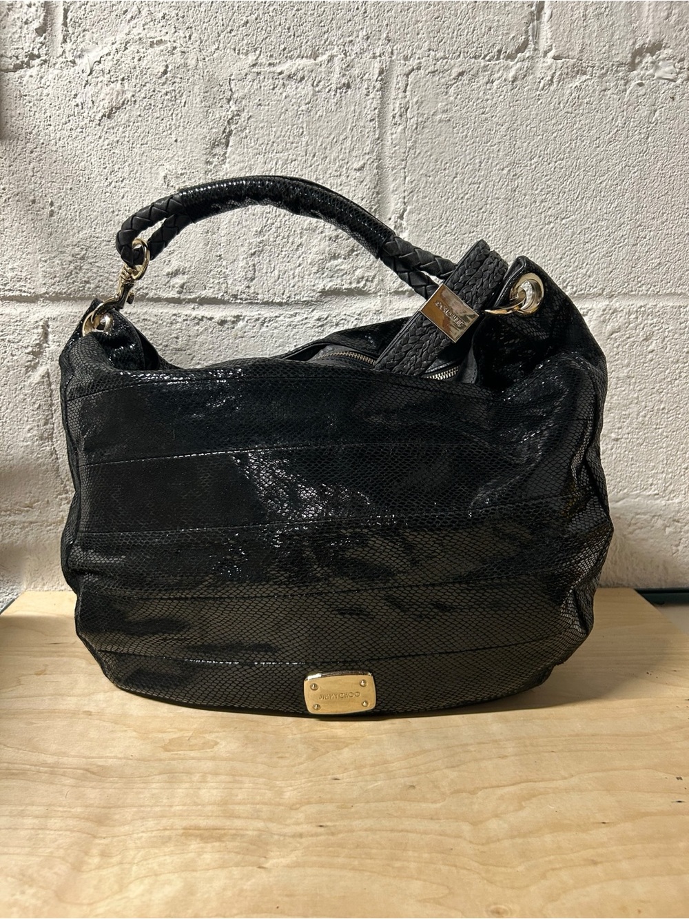 JIMMY CHOO Snake Print Patent Leather Large Hobo Shoulder Bag EUC - Picture 2 of 14